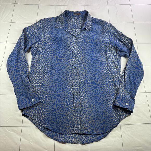 J. McLaughlin Top Womens Large Blue Gray Silk Leopard Button Up Long Sleeve Work - Picture 1 of 6